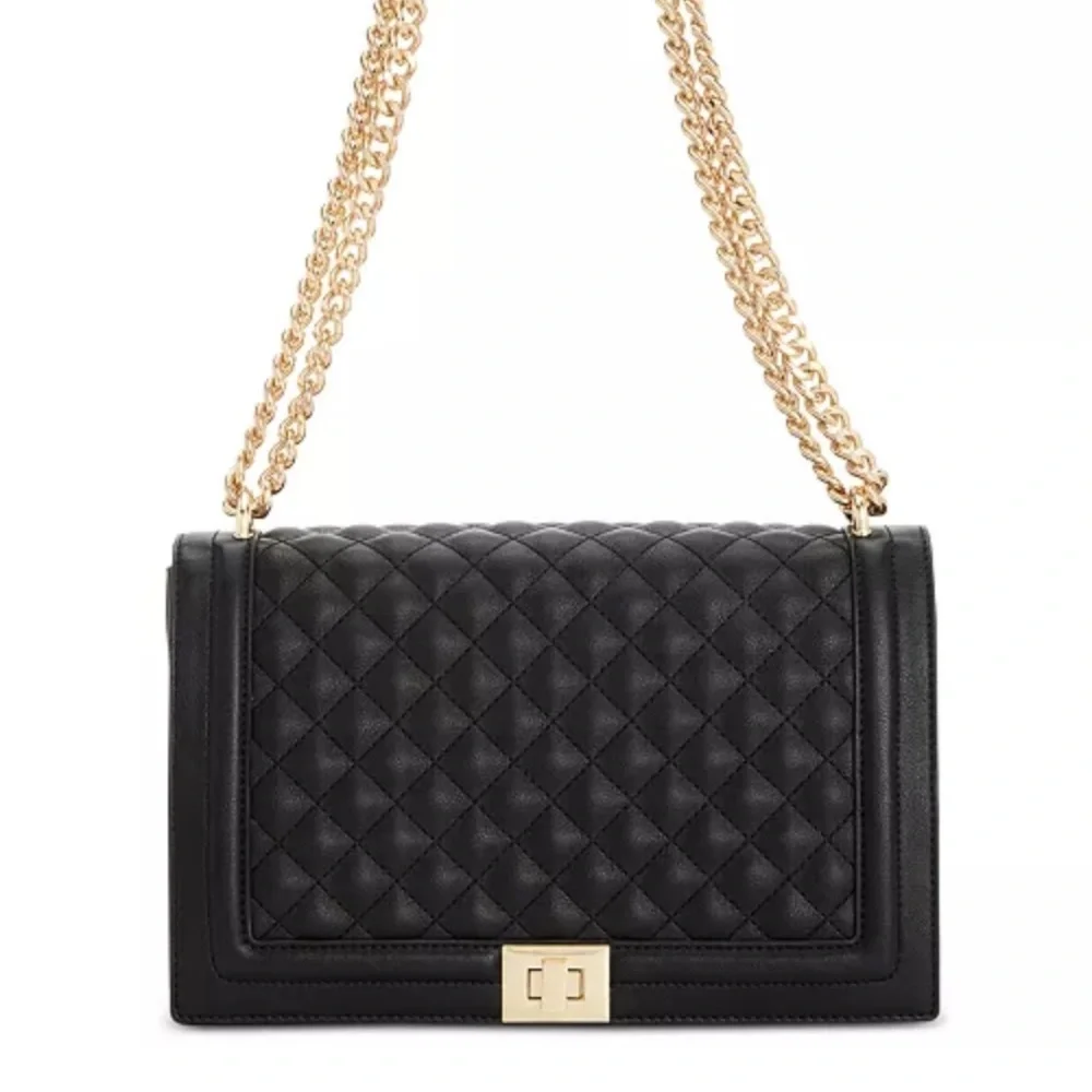 INC Black Leather Quilted Flap Crossbody Shoulder Bag Gold Turn-Lock Chain